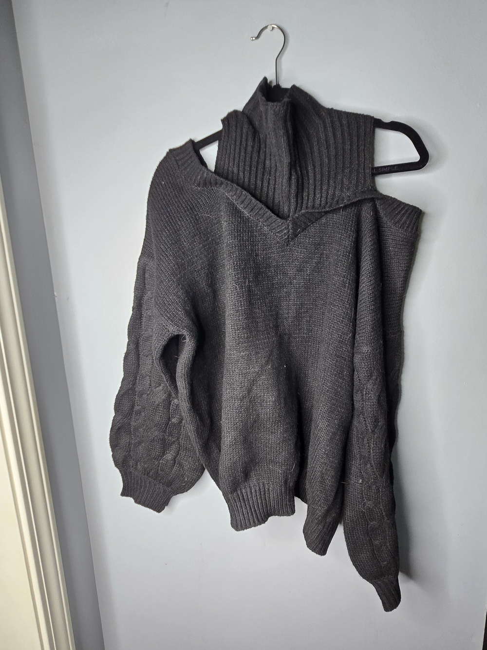 CHICME Black Cold Shoulder Cable Knit Turtleneck Sweater 100% Cotton